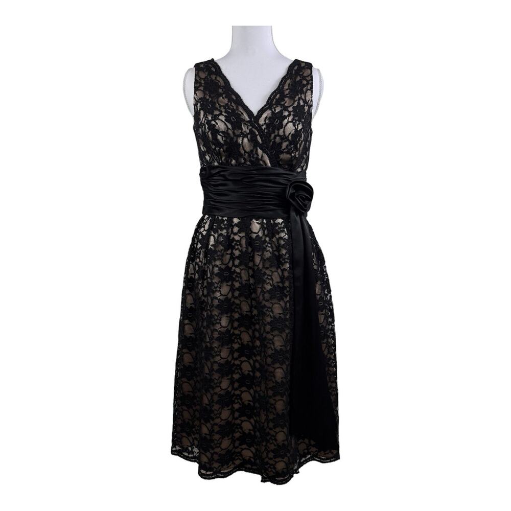 JS Boutique Black Lace Fit & Flare Cocktail Dress Size 4 Satin Rosette Waist